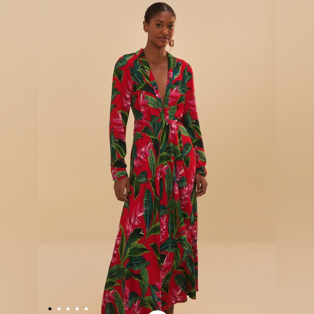 FARM Rio $260 Dream Garden Red Maxi Dress S Long Sleeve Mach Wash Anthropologie